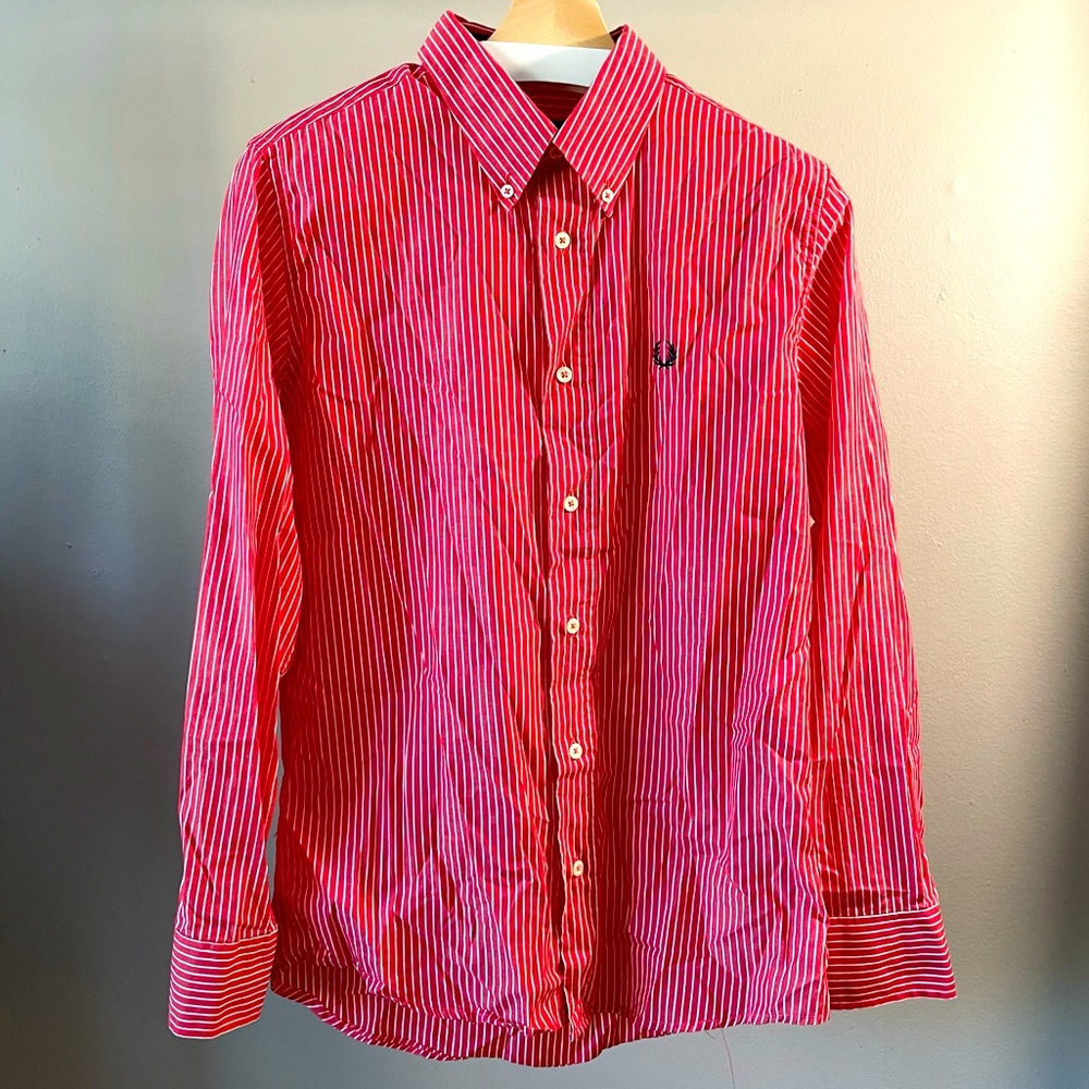 Red Pin Striped Fred Perry Long Sleeve Button Up